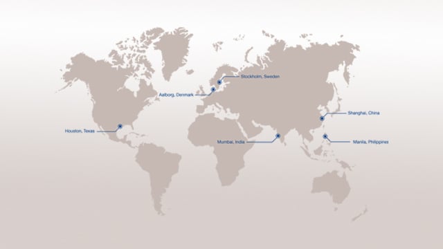 Carte situant les différents centres de formation Alfa Laval : Houston au Texas, Aalborg au Danemark, Stockholm en Suède, Mumbaï en Inde, Shangaï en Chine et Manila aux Philippines