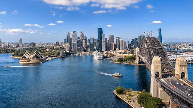 Panoramic aerial view of Sydney's CBD waterfront across the harbour